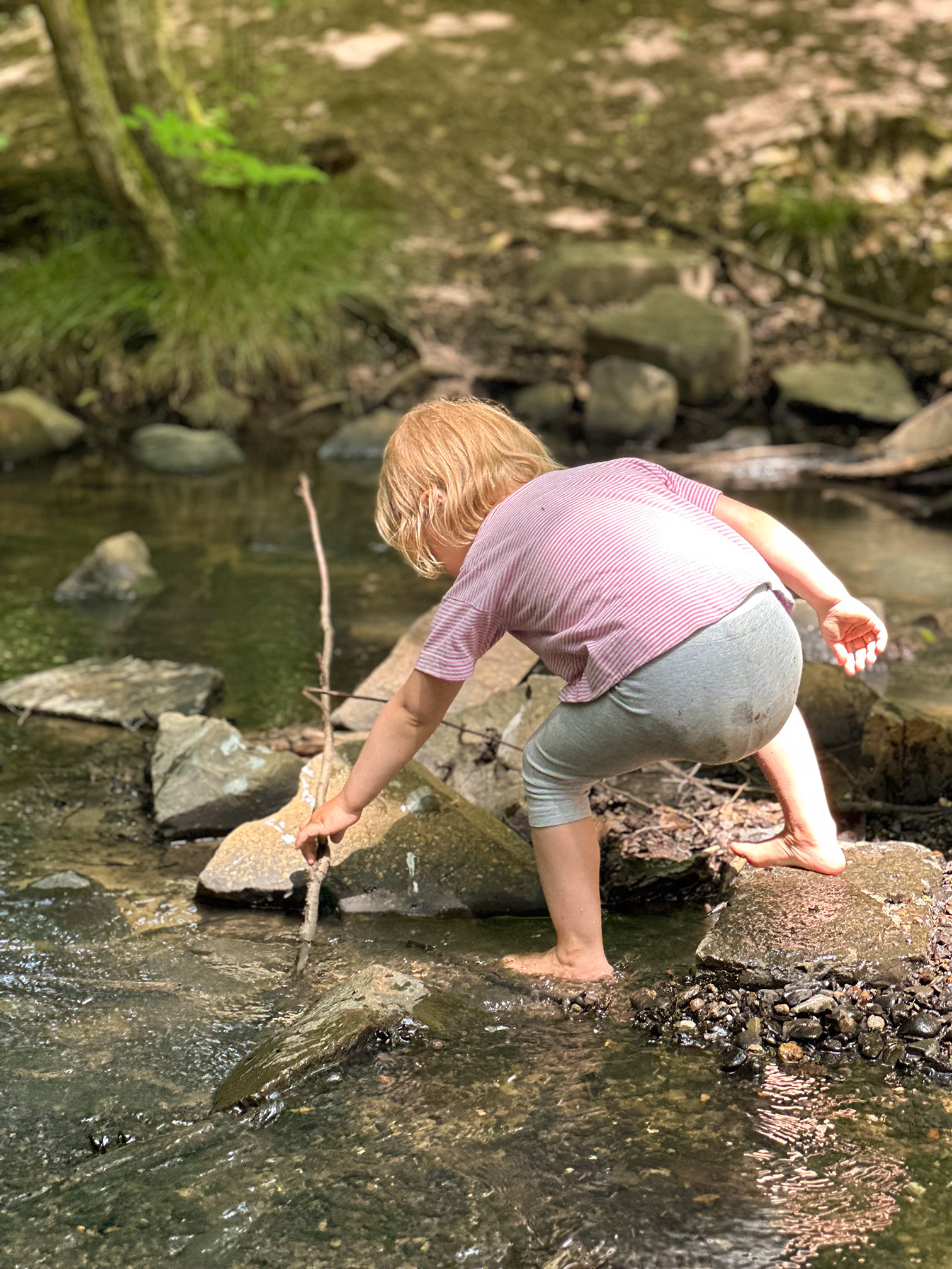 Ein Kind spielt mit einem Stock im Bach im Wald. Es ist Sommer. Es trägt eine kurze Hose und ein T-Shirt.